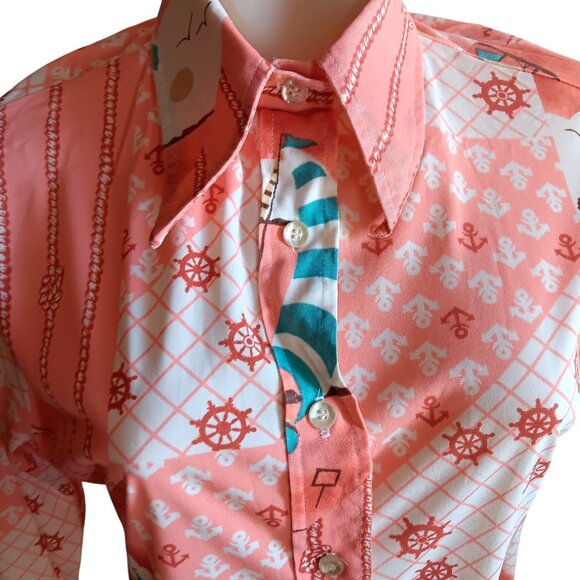 Women's 11 Vintage 1970's Disco Blouse Top JC Penney Shirt Nautical Acetate Pink - Picture 1 of 10